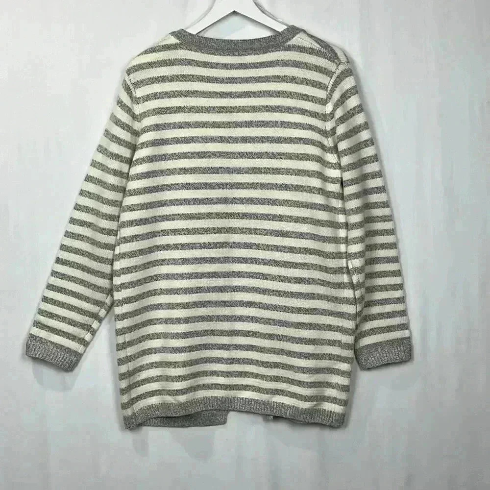 Baciano Womens Cardigan L Gray & White Open Front Long Lines Ribbed Cuffs & Hem - Picture 7 of 10
